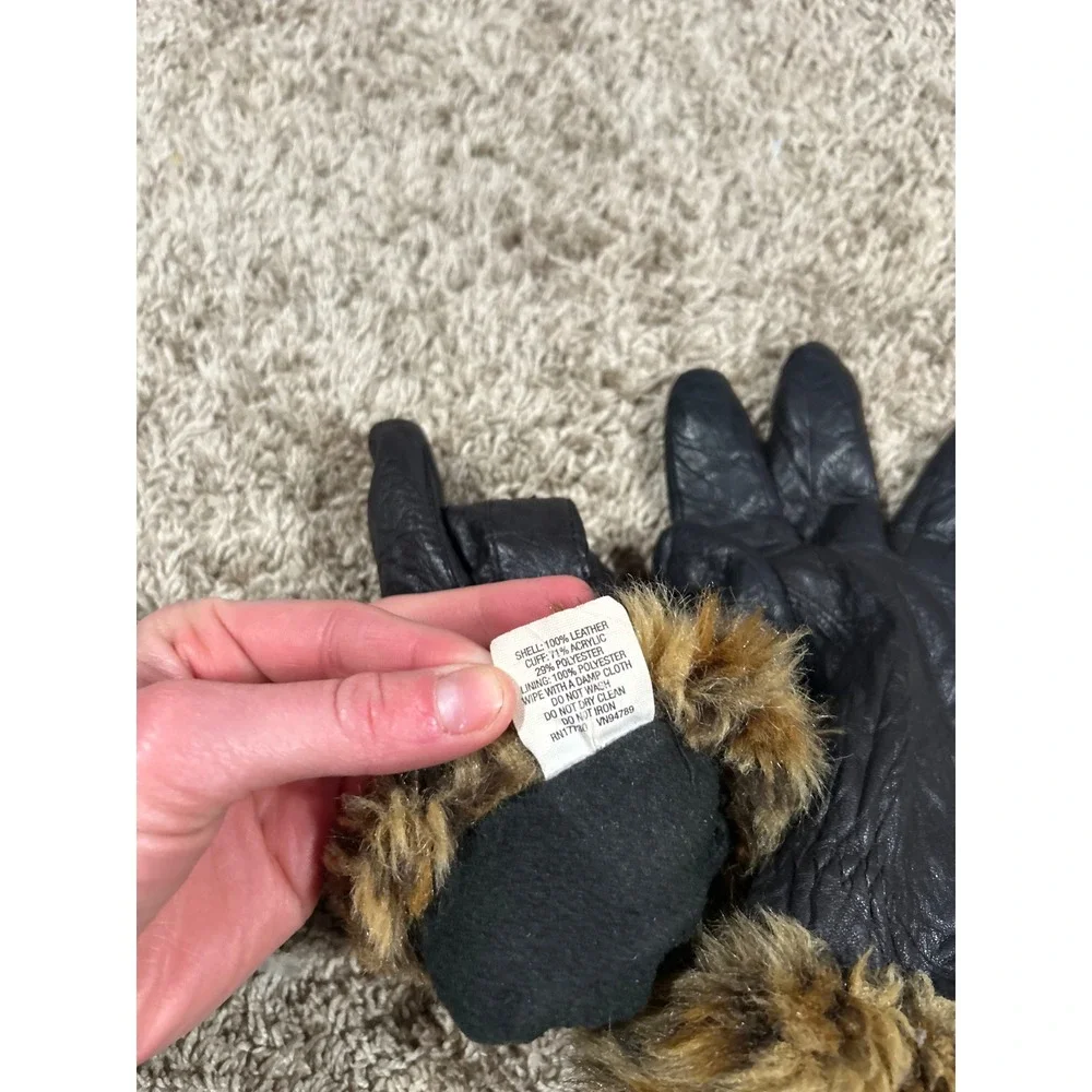 Merona Womens Black Leather Gloves Leopard Faux Fur Cuff Mob‎ Wife Chic Luxury